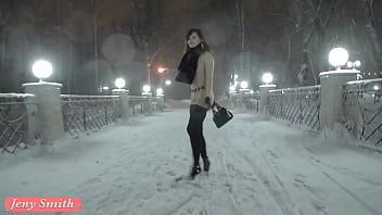 Jeny Smith naked in snow fall walking through the city