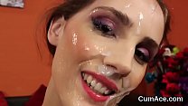Flirty looker gets jizz load on her face eating all the juice
