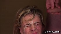 Hot peach gets jizz load on her face swallowing all the semen