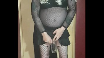 crossdressing sissy drinks his own piss and swollows the lot