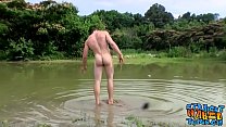 Fit guy Elijah Knight jacking off outdoors near a lake