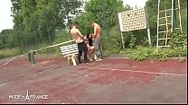 Amateur skinny french slut fucked in 3some on a tennis court