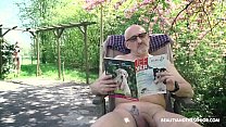 Skinny teen annoys grandpa so he fucks her pussy outdoors 4 min
