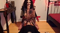 Licking blasphemic whore, while she smokes and rides a crucifix dildo