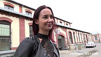 Eager brunette offered cash by stranger
