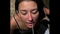 Piss drinking - cute black-haired woman greedily swallows all of his piss!