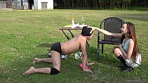 Risa trains her slaves in public and foot worship domination femdom