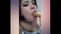 cute brunette give sloppy dildo blowjob and puts fingers into ass on cam part1