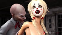 Joker sbatte violentemente una bella bionda sexy con una maschera da clown nella stanza abbandonata