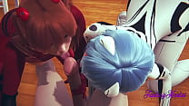 Evangelion Hentai 3D - Dreier Shinji, Asuka und Rei in Shinjis Zimmer saugen Shinjis Schwanz, bis er in ihren Mund spritzt, dann isst er ihre Muschi und fickt sie