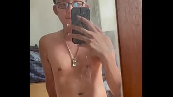 Young Skinny Asian boy wanking to a mirror
