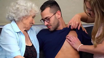Old granny in threesome with mature & young guy