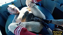 Tattooed hunky top fisting lubed asshole during duo in van