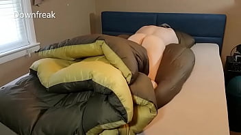 Down Jacket Lover Humps His Big Brown Sleepingbag Comforter and Cums On It