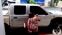 Outdoor public exhibitionism. Sissy boy mature bitch. Deep penetration behind the car, ass dilated on the busy street.