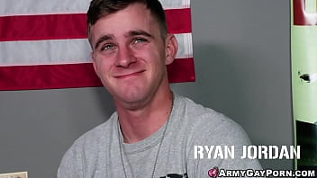 Hot muscular stud Damien White comforts Soldier Ryan Jordan's  hungry asshole. Ryan moans delightfully for the hard big dick inside him.