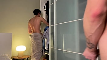 Two guys after a shower masturbate suck and cum in their mouths