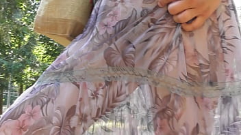 Hairy mature in transparent dress flashing