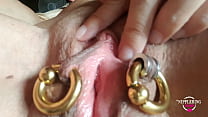 nippleringlover horny mother playing with pierced pussy rubbing clit extreme pierced nipples close up