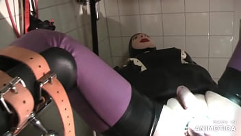 Rubbernurse Agnes - Heavy Rubber green clinic gown with hood and white gasmask - deep pegging with two colonoscope-style dildos - final deep analfisting with thick chemical gloves and cum