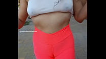Exhibitionist wife goes for a run with a transparent top, marked nipples and with her vagina divided in two