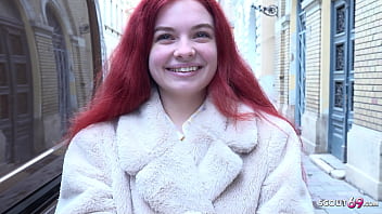 GERMAN SCOUT - Kleine rothaarige Studentin Miss Olivia bei Strassen Casting für AO Sex abgeschleppt