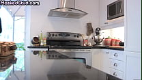 Solo muscled stud stroking cock in the kitchen till jizz