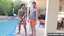 Redhead stepdad barebacks gay stepson by the swimming pool