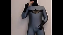Jerks and cums in batman lycra suit