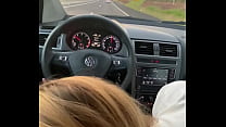 Hot blonde giving blowjob in the car while traveling