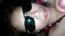 I cum on my Asian girlfriend, lucky to have sunglasses
